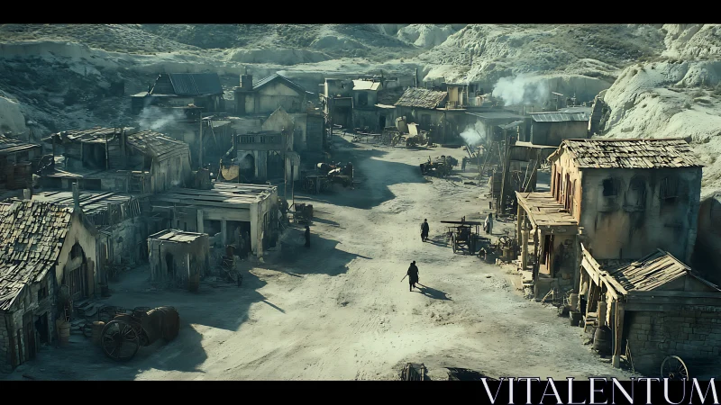 Dusty western frontier town with lone rider entering