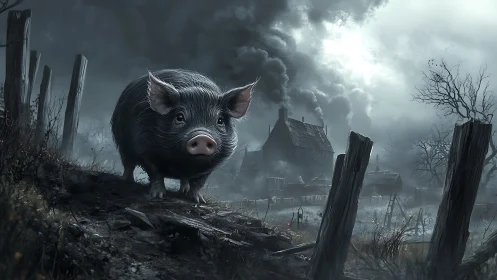 Brooding farmyard sentinel pig in stormy post-apocalyptic fog.