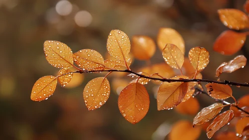 Macro study of dewy autumn foliage on backlit branch.