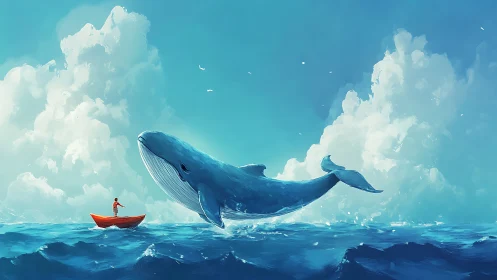 Giant blue whale leaping beside tiny red boat at sea.