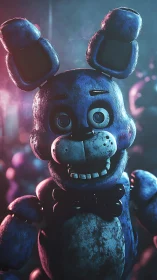 Corroded blue animatronic rabbit under volumetric neon rim lighting