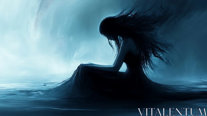 Tidebound shadow girl listening to the ocean&rsquo;s quiet ache.