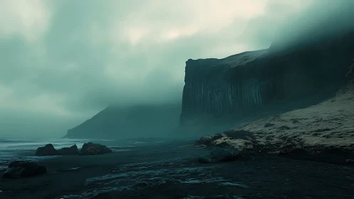 Columnar basalt cliffs emerge from misty Icelandic shore.