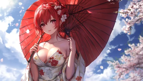 Gentle red haired girl enjoys spring day with a bright umbrella