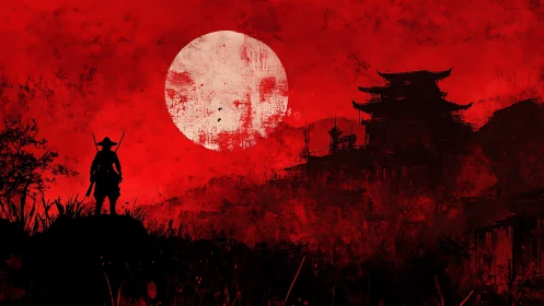 Samurai silhouette under scarlet moon near shadowed citadel.