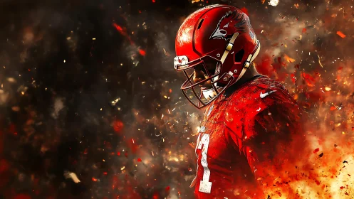 American football player in red uniform stands amid sparks