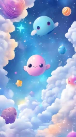 Soft galaxy friends drifting through a dreamy starry sky.