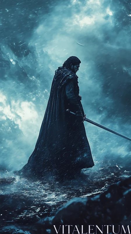 Lone warrior walks through a storm-lashed icy shoreline