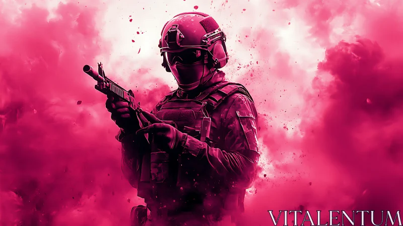 Armored soldier advances through neon smoke in tense silence