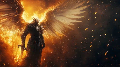 Digital painting of a fiery armored angel with burning wings.