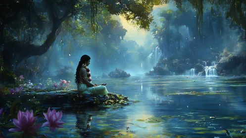 Woman in serene mystical forest by reflective blue lake.