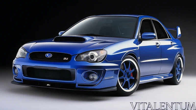 Electric blue sports sedan poised for night-time adventures.