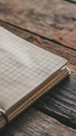 Gridded notebook waits on weathered wooden thinker&rsquo;s desk.