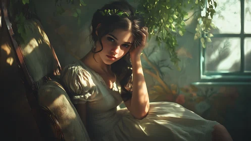 Sunlit girl rests in a dreamy vintage garden room.