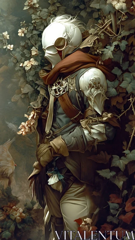 Masked ranger in ornate bio-mechanical armor amid dense foliage