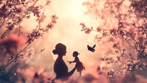 Silhouetted figures among flowering branches with butterfly.