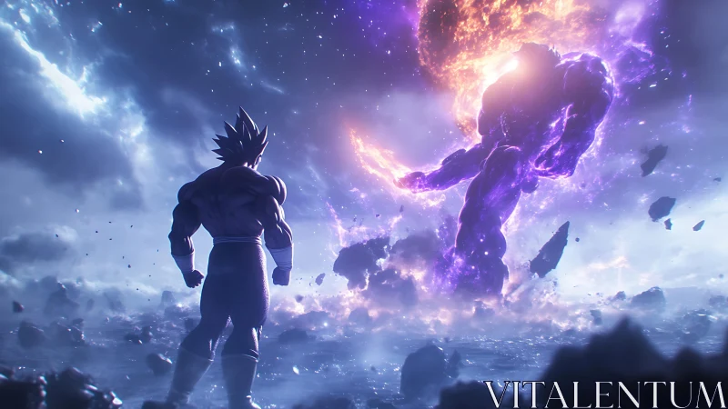 Cosmic warrior confronts colossal energy titan in stormy void