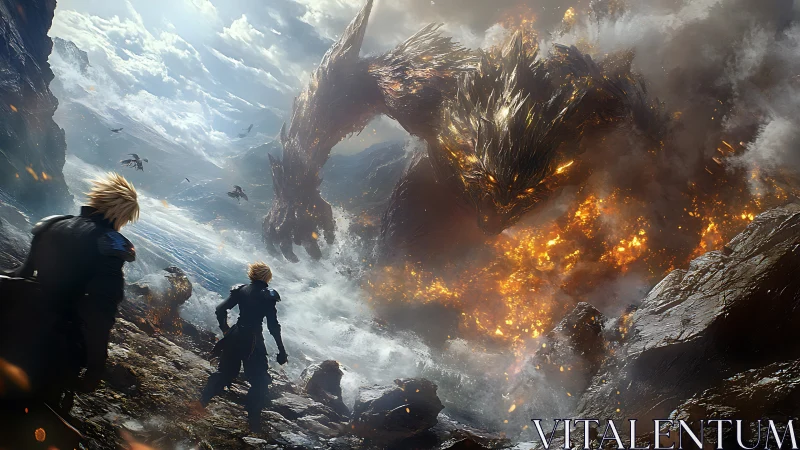 Warriors confront colossal fire titan above stormy shoreline