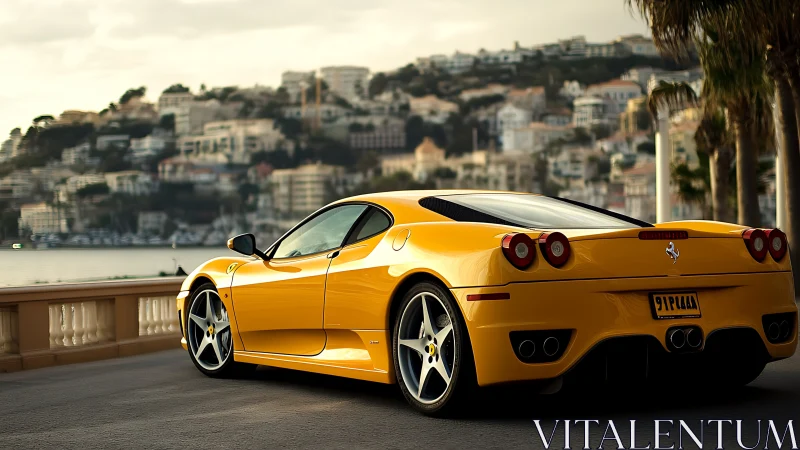 Yellow mid‑engine supercar on coastal boulevard at dusk.