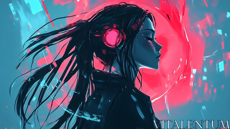 Cybernetic silhouette with neon acoustic interface haloed.