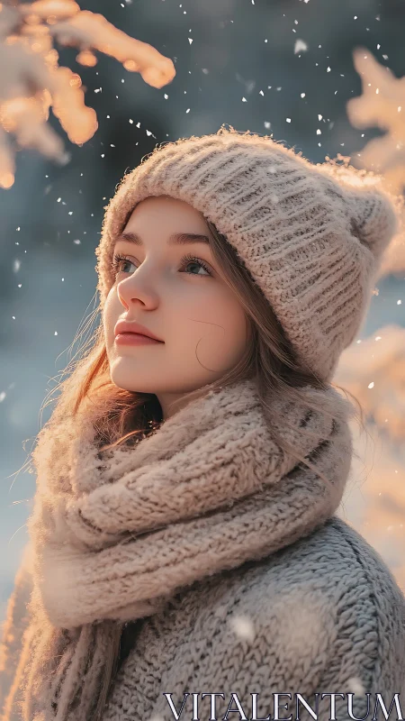 Soft winter portrait in shallow-depth photorealistic framing.