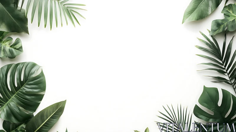 Green tropical leaves border on clean white background.