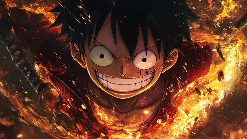 Fiery anime hero charges through swirling inferno blaze.