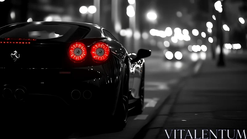 Noir city supercar with glowing taillights at night.