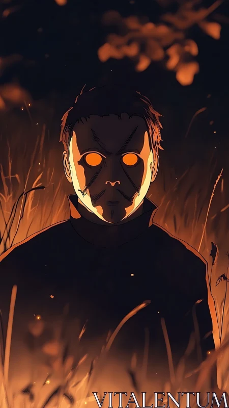Masked figure with glowing eyes in firelit tall grass.