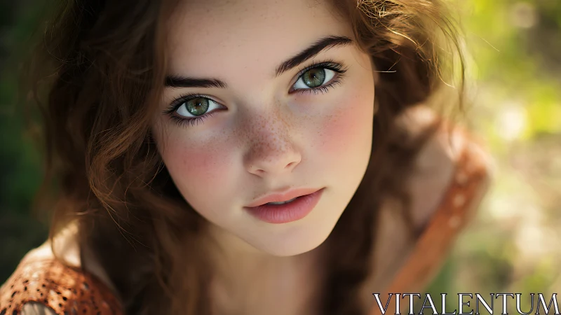 Soft daylight portrait of freckled young woman, shallow depth