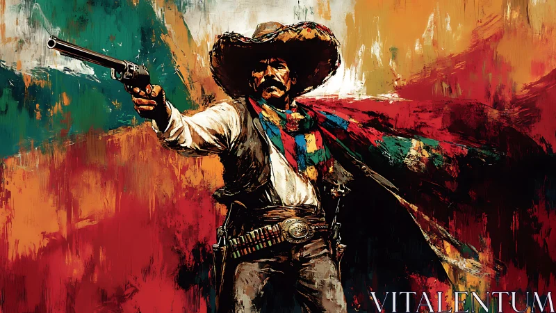 Bold gunslinger in vibrant desert colors and swirling dust.