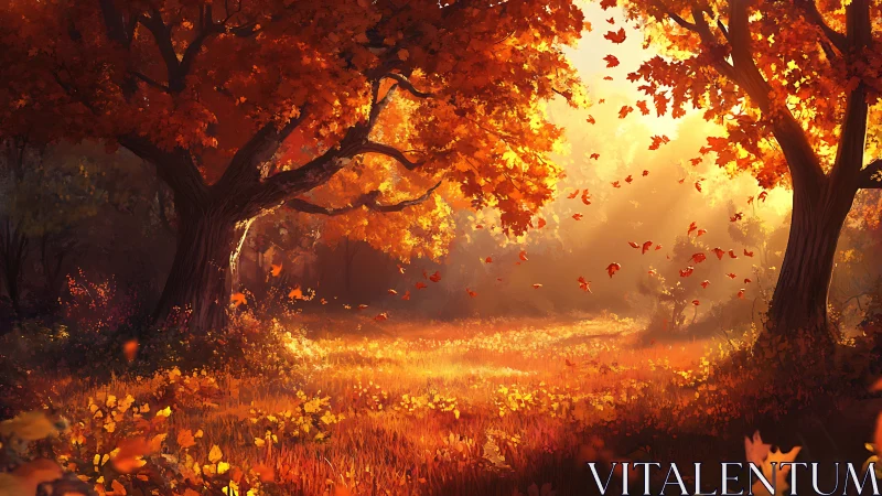 Autumn Forest with Falling Leaves at Golden Hour.