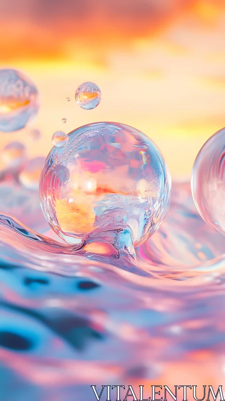 Liquid spheres drift above iridescent pastel water surface.
