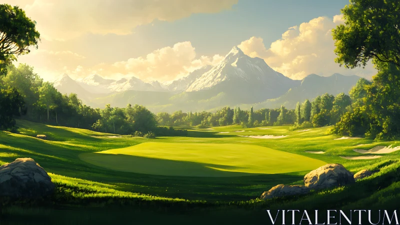 Golf fairway extends toward snowcapped mountain range