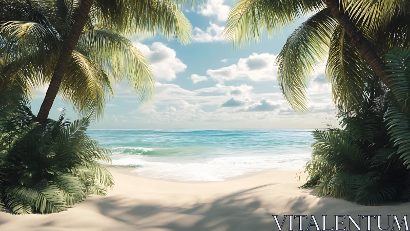 Tropical Beach Sanctuary Framed by Palm Trees.