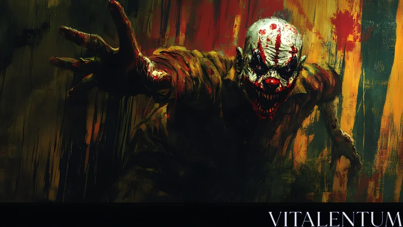 Bloodstained nightmare clown lunges from smeared shadows.