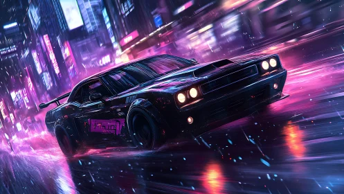 Cyberpunk muscle car racing through neon night rain.