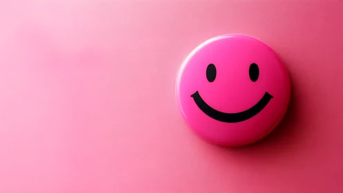 Pink smiley badge on solid minimal monochrome background.