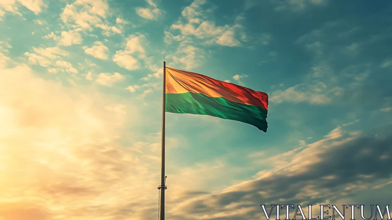 Horizontally striped flag on pole against clouded sky