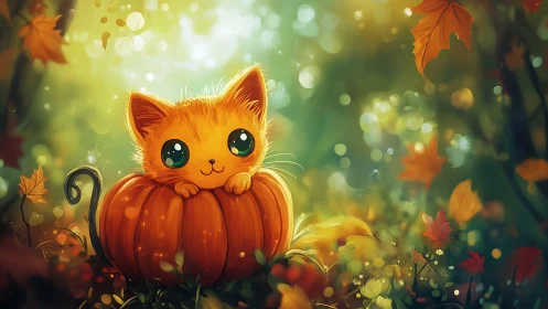 Enchanted Orange Kitten Nestled in Pumpkin Among Autumn Foliage