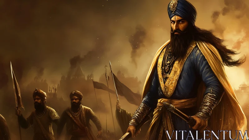 Regal Sikh warrior leads his determined army through smoke and fire