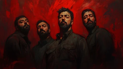 Four bold self-reflections framed in rich crimson light.