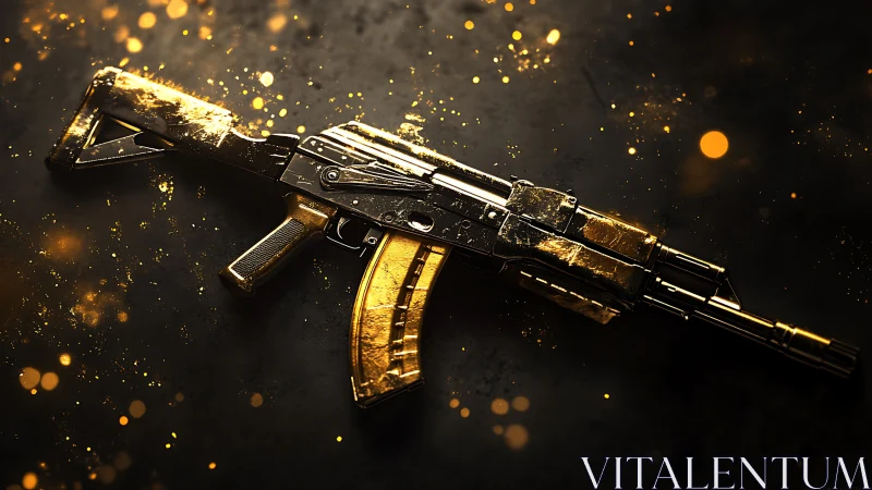 Gilded tactical rifle render with luminous particle bokeh.