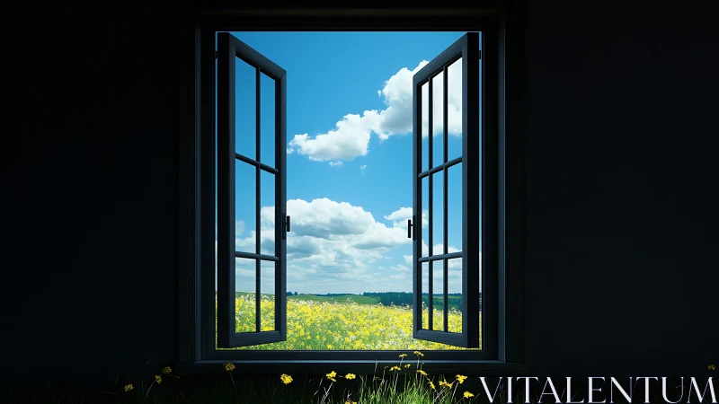 Open window onto wildflower meadow and cloud-bright sky.