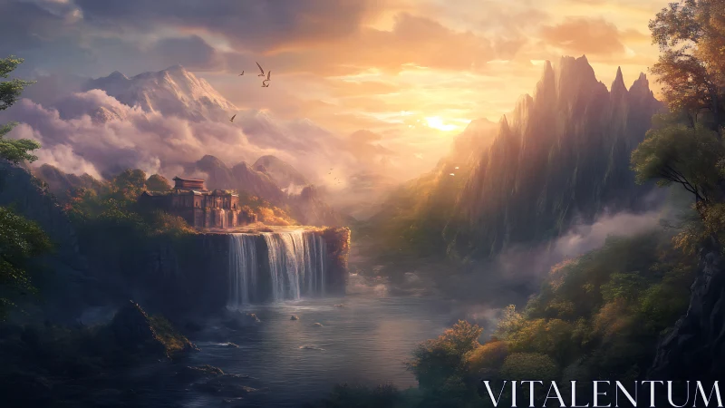 Mountain valley landscape shows river, waterfall and structures