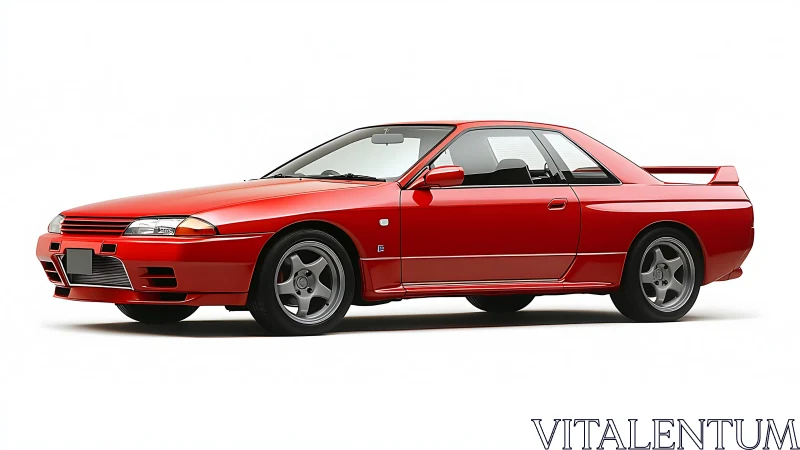 Red two-door sports coupe is viewed in right side profile