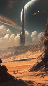 Tall sci fi desert tower under planet-filled sky scene.