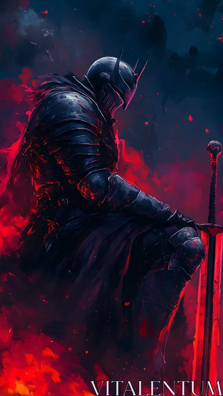 Armored dark knight in ember-lit smoke with reflective plate armor