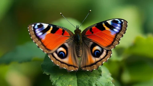Peacock butterfly on green foliage in sharp close-up view.