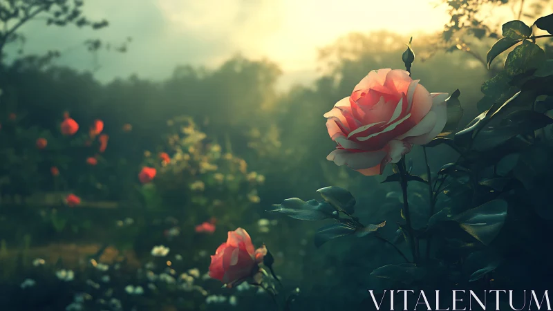 Morning Light Bathes Pink Roses in a Golden Garden Mist